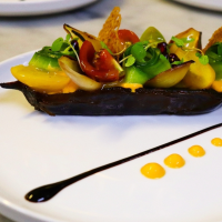 Grilled Eggplant, Roasted Red Repper Yoghurt and Heirloom Tomato-Cucumber Salad