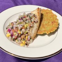 Pan Seared Grouper with a Sorghum Succotash and Yucca Latke