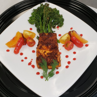 Sweet & Spicy Grouper w/ Roasted Broccolini, Heirloom Tomatoes, Oranges, & Raspberry Plum Drizzle